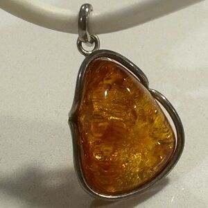 925 Sterling Silver Large Chunky Poland Baltic Amber Pendant Statement Vintage